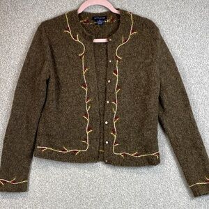 Vtg Ann Taylor cardigan M merino wool vine and berry details chocolate brown